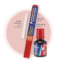 Brons Permanent Marker Seti Kesik Uç Kırmızı (Kalem + Mürekkep + Yedek Uç) 