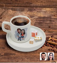 BK Gift Kişiye Özel Sunum Tabaklı Sevgililer Karikatürlü Türk Kahvesi Fincanı Model 105
