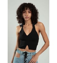 Sifu Tekstil  Kadın Spor V Açmalı Triko Polo Yaka Crop Top Büstiyer SFYZ1008 (Siyah)