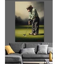 Yeşil Sahada Golf Oynayan Maymun Dekoratif Kanvas - Mdf Ahşap Tablo