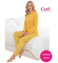 Guava Kadın Sarı Çiçek Desen Mevsimlik Pamuklu Penye Uzun Kol Cepli Pijama Takımı-Slim Fit Dar Kalıp (Desenli)