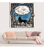 The Moon Tarot Ay ve Kurt Desen Leke Tutmaz Kadife Kumaş Duvar Örtüsü Duvar Halısı Tapestry (Mavi)