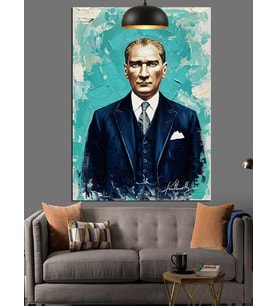 Mavi Fonlu Mustafa Kemal Atatürk Portresi Dekoratif Kanvas - Mdf Ahşap Tablo