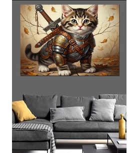 Kılıçlı Kedi Savaşçı Çizimi Dekoratif Kanvas - Mdf Ahşap Tablo