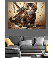Kılıçlı Kedi Savaşçı Çizimi Dekoratif Kanvas - Mdf Ahşap Tablo