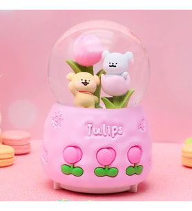 Tulips Ayıcık ve Lale Temalı Işıklı Müzikli Püskürtmeli Büyük Boy Kar Küresi (Pembe)