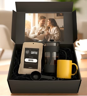 Kişiye Özel Fotoğraflı Kahve Hediye Seti - French Press, Canlı Sarı Kupa ve Premium Kenya Kahvesi Filtre Kahve