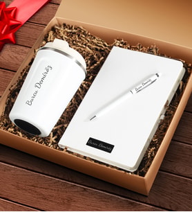 Kişiye Özel Çelik Bardak Termos & Özel Tasarım Beyaz Defter & Beyaz Touch Pen Kalem Seti