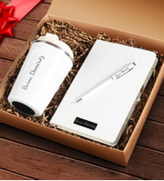 Kişiye Özel Çelik Bardak Termos & Özel Tasarım Beyaz Defter & Beyaz Touch Pen Kalem Seti