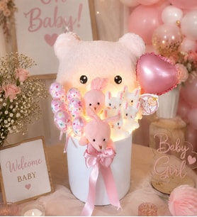Deluxe LED Işıklı Peluş Ayı Yastıklı Kız Bebek Hediye Kutusunda Ayıcık Buketi, Yenidoğan Baby Shower Bebek Hediyesi