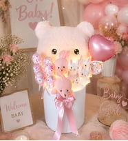 Deluxe LED Işıklı Peluş Ayı Yastıklı Kız Bebek Hediye Kutusunda Ayıcık Buketi, Yenidoğan Baby Shower Bebek Hediyesi