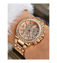 Özel Seri Taşlı Metal Kordon Lüks Tasarım Kadın Kol Saati-Bileklik Hediyeli (Rose Gold Altın)