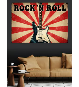 Retro Rock And Roll Gitar Afişi Dekoratif Kanvas - Mdf Ahşap Tablo