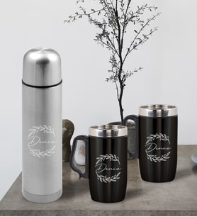 BK Gift Kişiye Özel 500 ml Deri Çantalı Krom Seyahat Termosu ve İkili Termos Mug Hediye Seti - 5