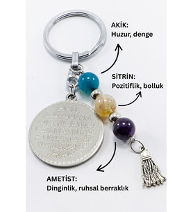 Çelik Çift Taraflı Ayetel Kürsi Nazar Ayeti Anahtarlık, Doğal Taş Akik, Sitrin Taşı, Ametist (Standart)