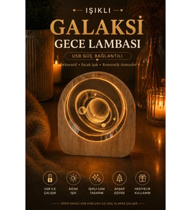 Gezegen Desenli Işıklı Gece Lambası Ahşap Tabanlı USB Bağlantılı Dekoratif Masa Lambası Uzay Temalı Hediyelik Aydınlatma