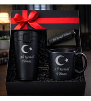 İsme Özel Erkek & Kadın Ay Yıldız Logolu Lüks Hediye Seti - Çelik Termos Bardak Çakmak Kupa - Premium Hediye Paketli