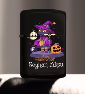 BK Gift Kişiye Özel Happy Halloween Tasarımlı Renkli Baskılı Siyah Benzinli Metal Çakmak-10