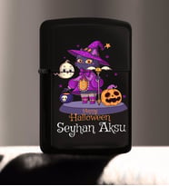 BK Gift Kişiye Özel Happy Halloween Tasarımlı Renkli Baskılı Siyah Benzinli Metal Çakmak-10