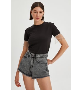 Kadın Kolları Zincir Detaylı Basic T-Shirt (Siyah)
