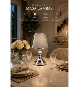 ŞARJ EDİLE BİLİR PİLLİ ABAJUR METAL AYAK KUMAŞ BAŞLIK 35 CM YÜKSEKLİK