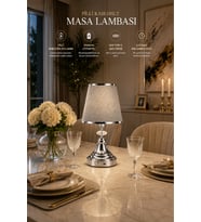 ŞARJ EDİLE BİLİR PİLLİ ABAJUR METAL AYAK KUMAŞ BAŞLIK 35 CM YÜKSEKLİK