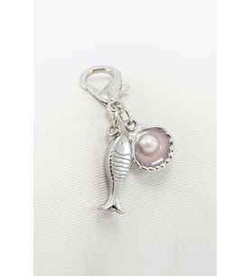 Gümüş Renkli Metal Balık İncili Lila Midye Klipsli Cüzdan Süsü Charm Çanta Süsü Anahtarlık