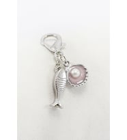 Gümüş Renkli Metal Balık İncili Lila Midye Klipsli Cüzdan Süsü Charm Çanta Süsü Anahtarlık