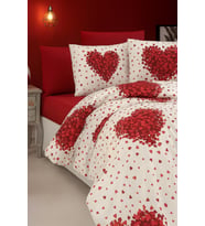 Çift Kişilik Nevresim Takımı Seti Yorgan Kılıfı Kırmızı KALP Desen 220x200 cm + Lastikli Battal Boy Çarşaf 180x200x30 cm +2 Yastık Kılıflı 50x70 cm