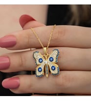 Gümüş Gold Nazarlı Kelebek Kadın Kolye
