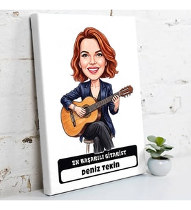 Gitariste Hediye Kadın Karikatürlü Kanvas Tablo