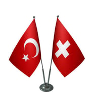 Masa Üstü İsviçre Bayrağı Türk Bayrağı İkili Krom Direk Masa Bayrak Seti