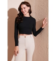 Lela Dar Kesim Bürümcük Kumaş Fitilli Crop Bluz Bayan BLUZ 5865416 (Siyah)