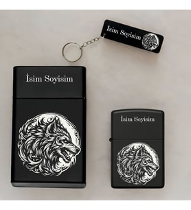 Canavar Desenli Kişiye Özel İsimli Çakmak,Metal Tabaka ve Anahtarlık Seti - 3'lü Hediye Set SMP21