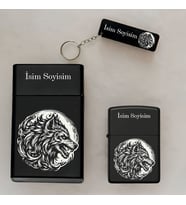 Canavar Desenli Kişiye Özel İsimli Çakmak,Metal Tabaka ve Anahtarlık Seti - 3'lü Hediye Set SMP21 (Siyah)