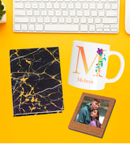 Kişiye Özel Baş Harf İsim Soyisim Beyaz Kupa Fotoğraflı Çerçeve Ve Yaldızlı Desenli Defter Set