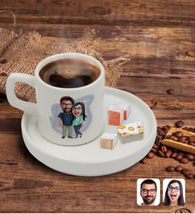 BK Gift Kişiye Özel Sunum Tabaklı Sevgililer Karikatürlü Türk Kahvesi Fincanı Model 109