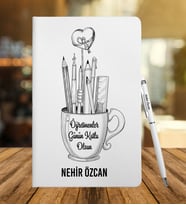 Öğretmenler Gününe Özel Deri Defter Ve Metal Roller Kalem Seti 845