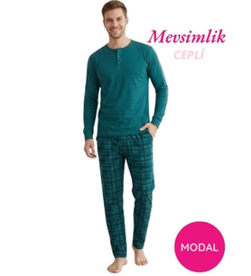 Guava Erkek Modal 3 Düğmeli Ekose Desen Pamuk Likra Mevsimlik Manşetli Uzun Kol Cepli Pijama Takımı (Yeşil)