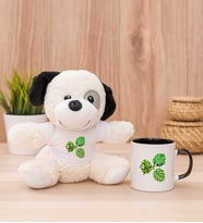 Kişiye Özel Erkeğe Hediye Yaprak Tasarım İsimli Peluş Köpek ve Siyah Kupa