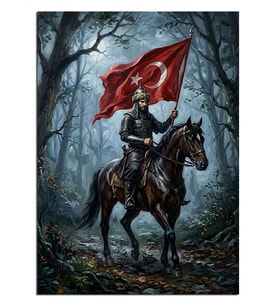 Sisli Ormanda Bayrak Tutan Atlı Asker Dekoratif Kanvas - Mdf Ahşap Tablo