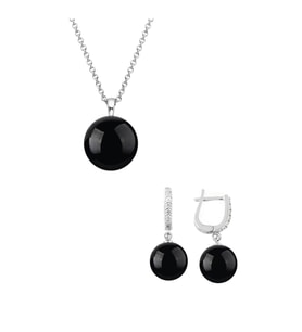 925 Ayar Gümüş Yuvarlak Model Kolye Küpe Siyah Oniks Taşlı Set 8 Mm