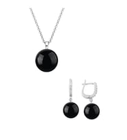 925 Ayar Gümüş Yuvarlak Model Kolye Küpe Siyah Oniks Taşlı Set 8 Mm