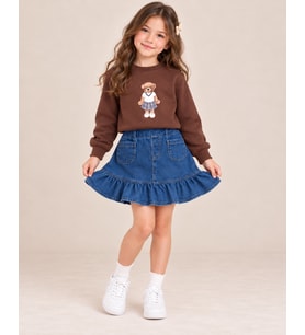 Teddy Baskılı Sweatshirt Fırfırlı Kot Etek Kız Çocuk Takım - 3/12 Yaş - 31928