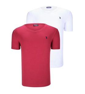 İKİLİ SET T8568 DEWBERRY V YAKA ERKEK T-SHIRT-BEYAZ-BORDO (Beyaz - Bordo)