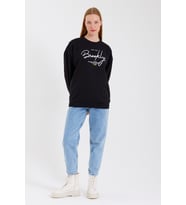 Kadın Bisiklet Yaka Oversize Fit El Yazılı Brooklyn İnce Sweatshirt SPR23SWK331 (Siyah)