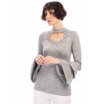 8490960 Yumoş Yakası Kolu İncili Volanlı Bluz GRI (Gri)