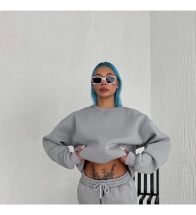 Kışlık Bisiklet Yaka Üç İplik Basic SweatShirt - Gri