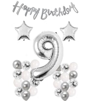 Konsept Doğum Günü Kutlama Seti Beyaz Gümüş Konfetili Balon Rakam Yıldız Folyo Ve Banner