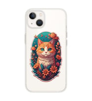 Iphone 14 Plus Uyumlu Çiçek ve Kedi Tasarımlı Şeffaf Telefon Kılıfı